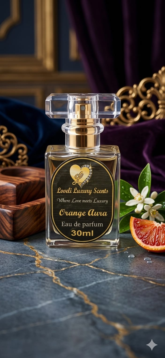 Loveli Luxury Orange Aura fragrance styled on a dark marble surface